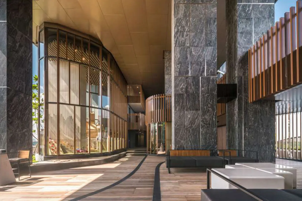 Wood and stone finishes at the ParkSide entrance
