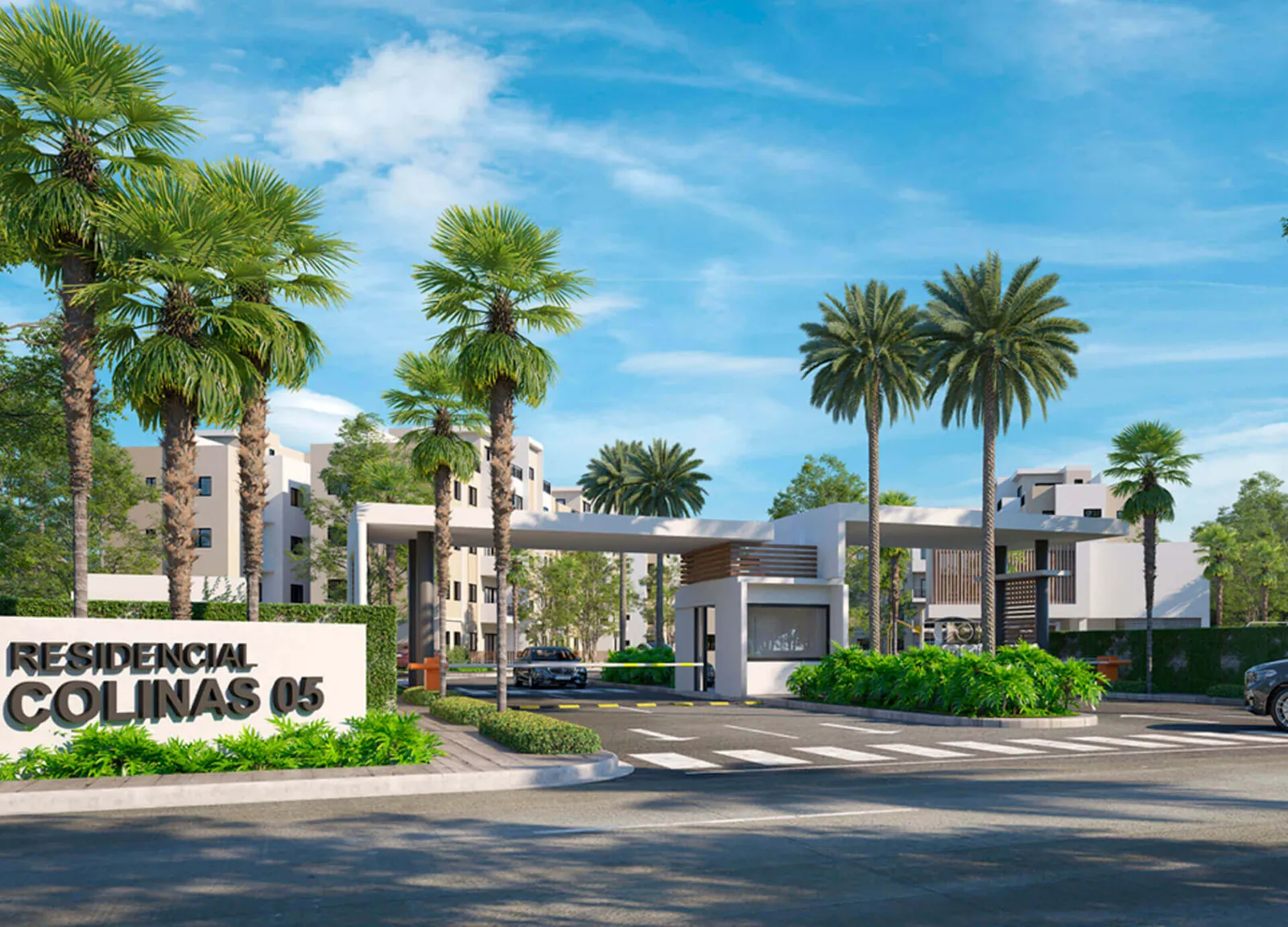 Main entrance of Residencial Colinas 05 with palm trees