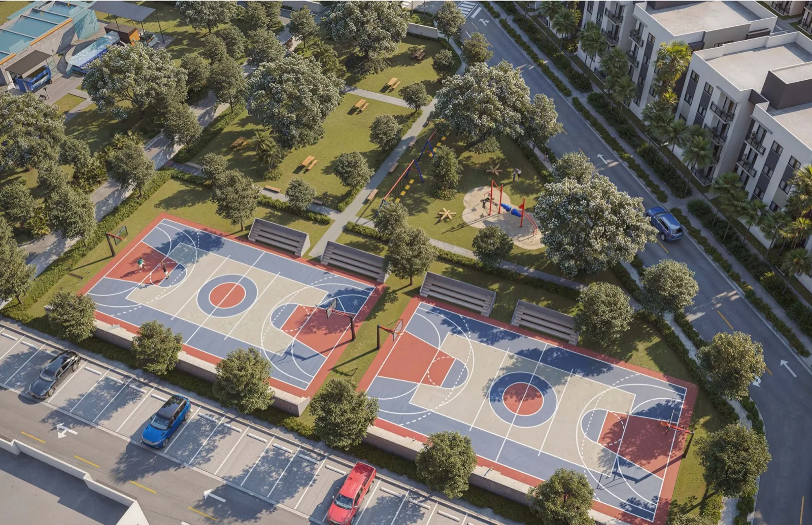 Canchas de baloncesto rodeadas de árboles
