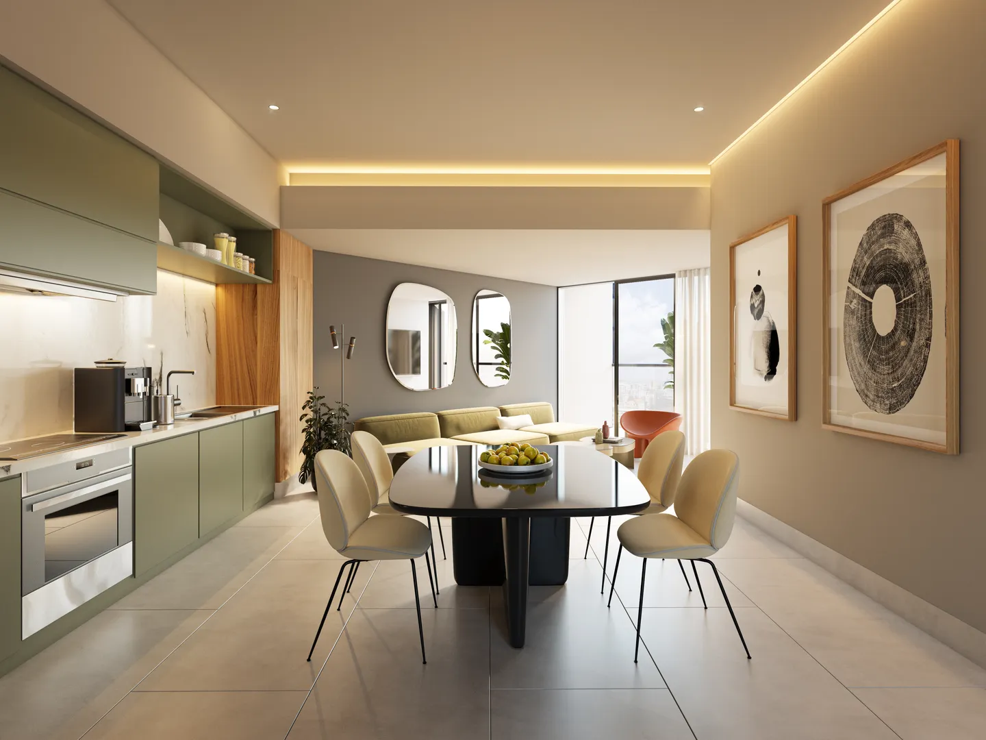 Kitchen and dining room of a residence with green cabinets