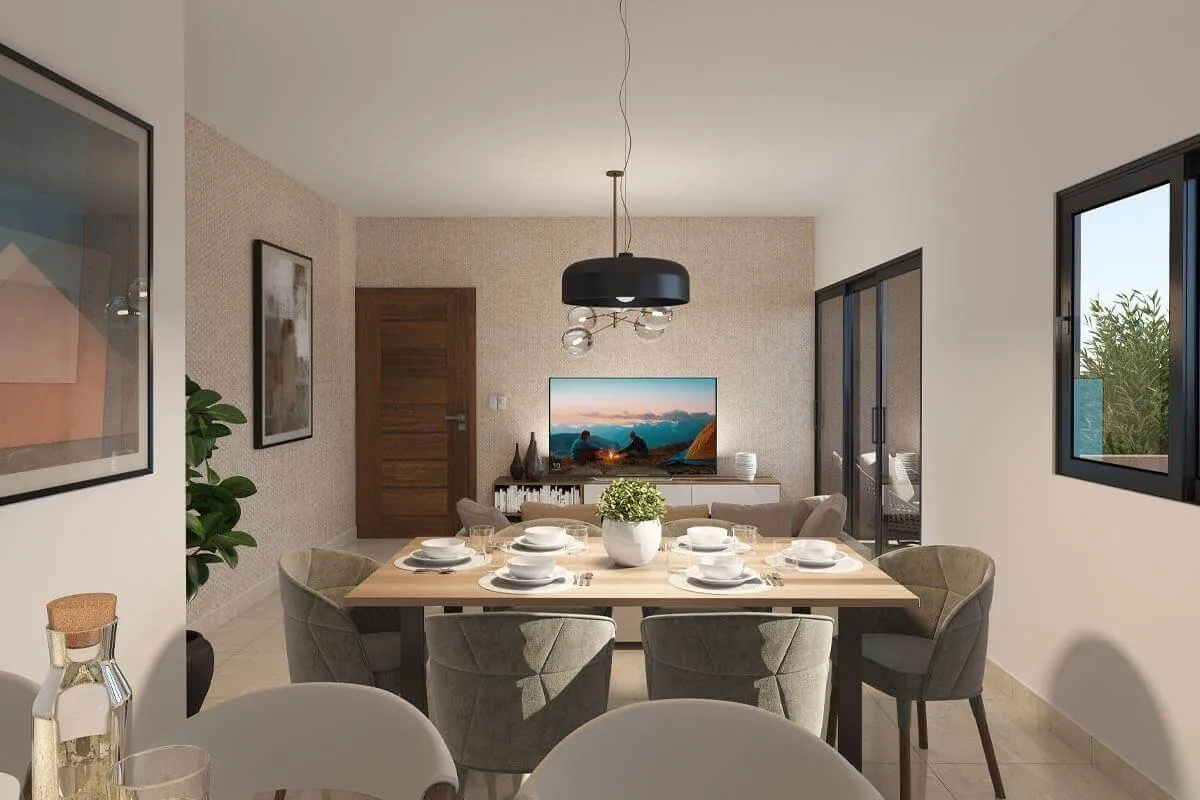 Dining room of a Brisas de las Colinas 4 apartment with a pendant lamp
