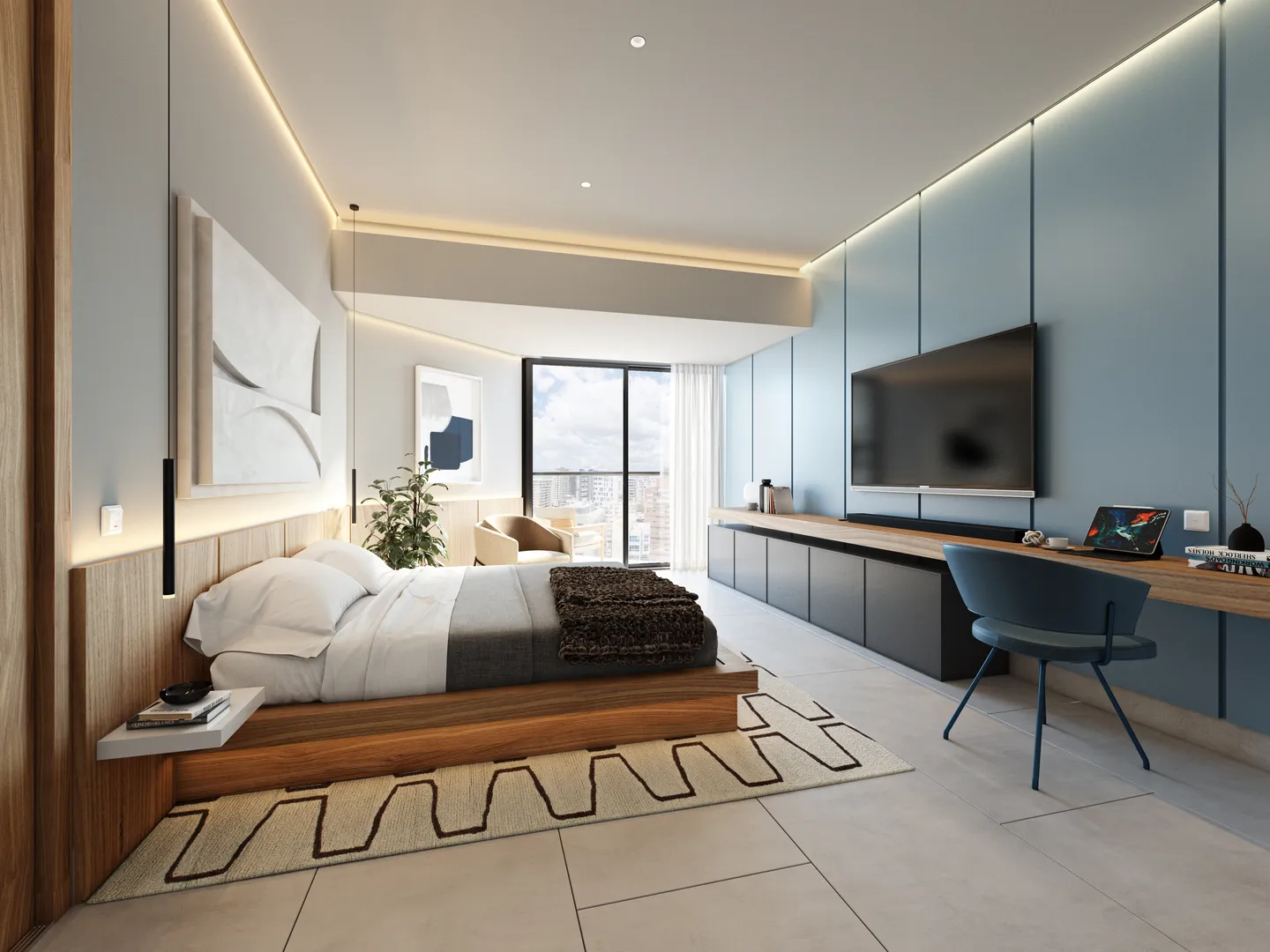 Master bedroom with bed, desk and blue wall