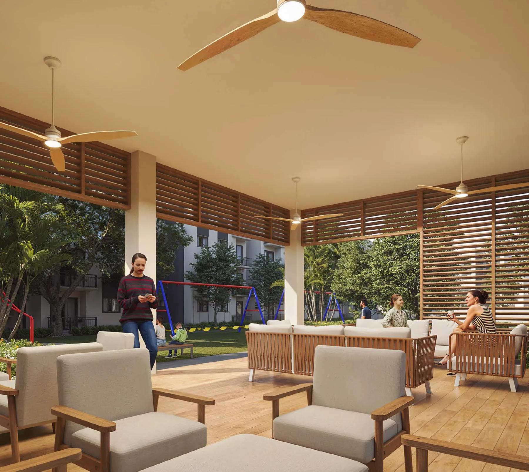 Interior del gazebo con mobiliario de exterior