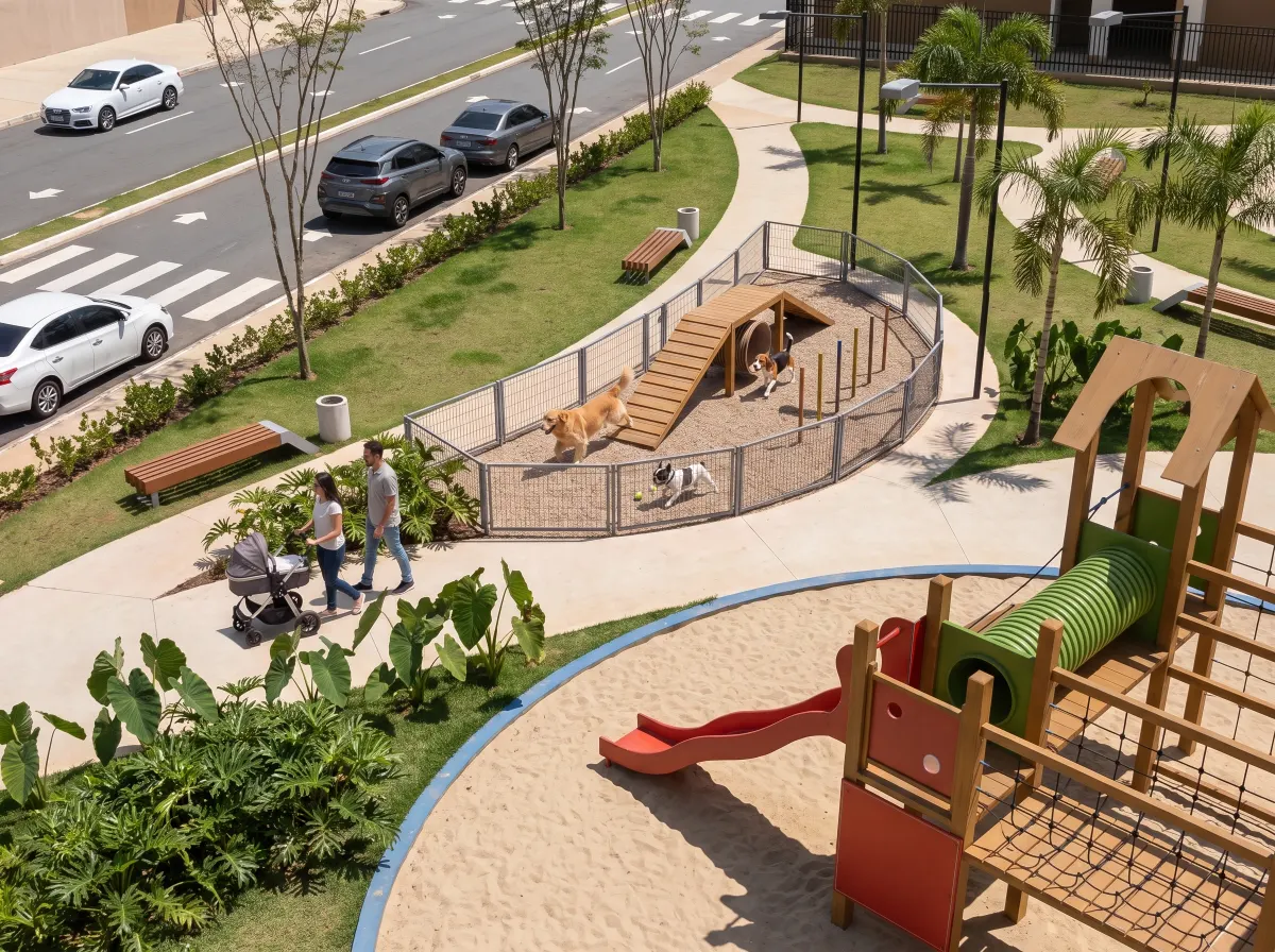 Parque con área para mascotas y juegos infantiles