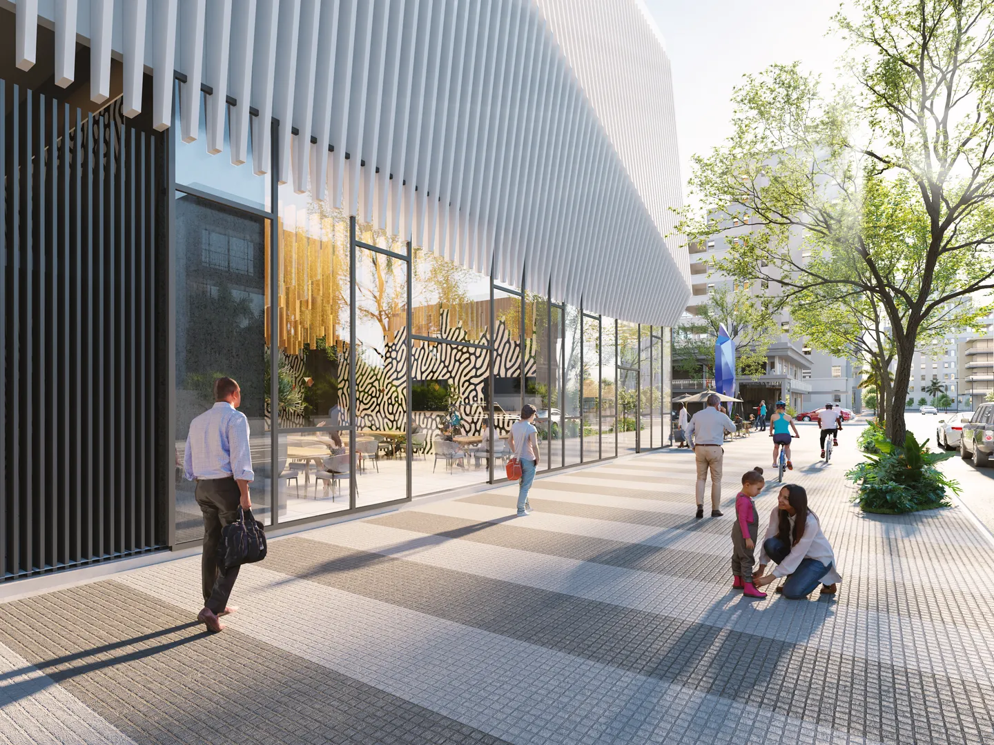 Retail promenade under the slatted canopy of Torre Parkside