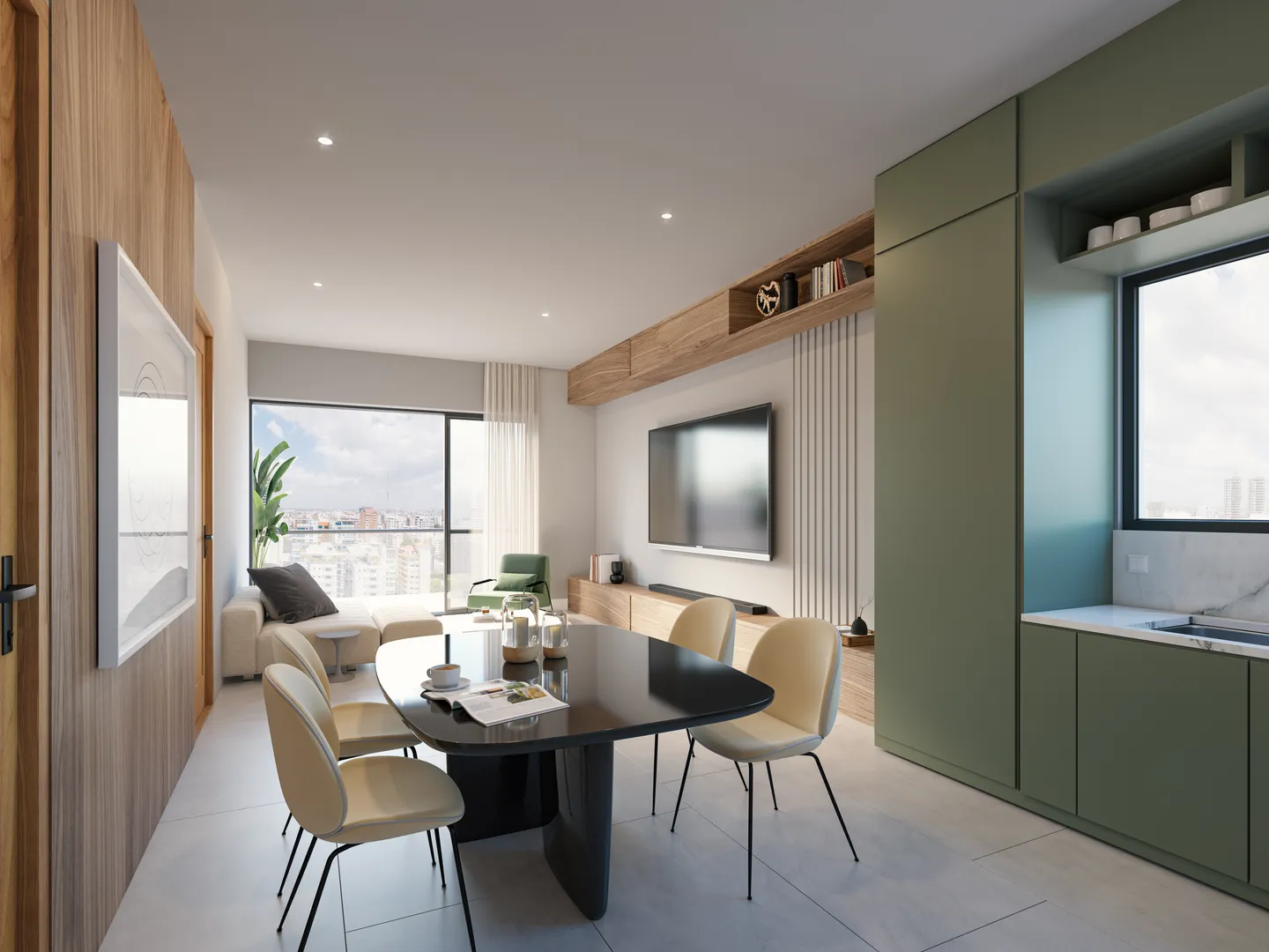 Living and dining room of a residence with green furniture and a window facing the city