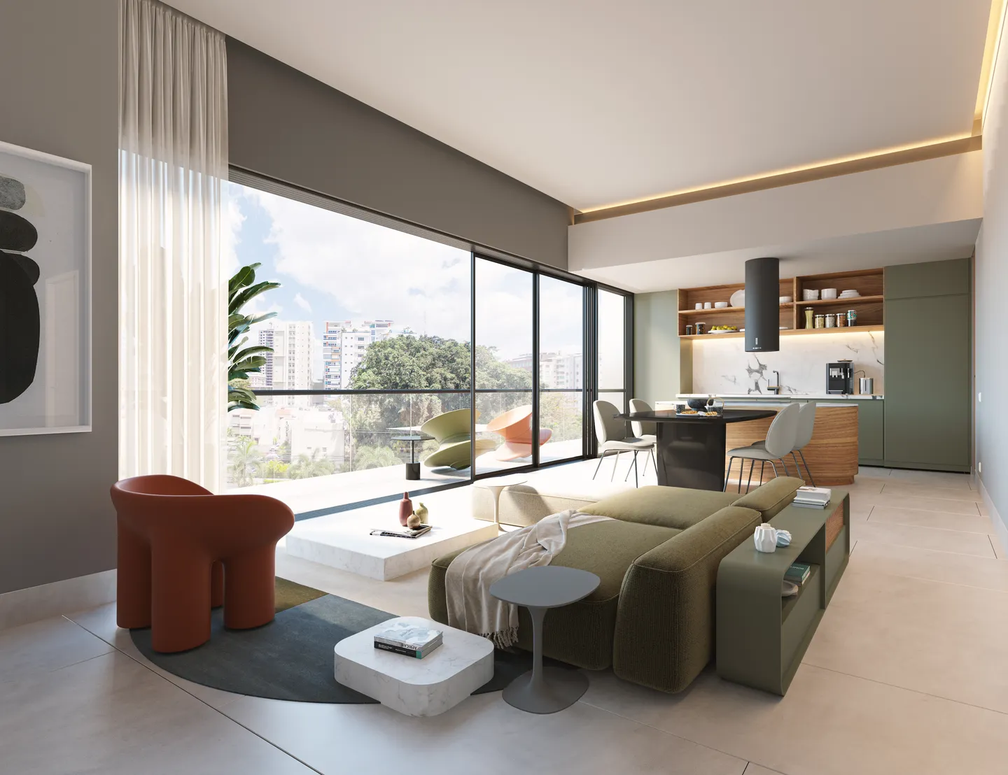 Living room of a Torre Parkside residence with a floor-to-ceiling window facing the treetops