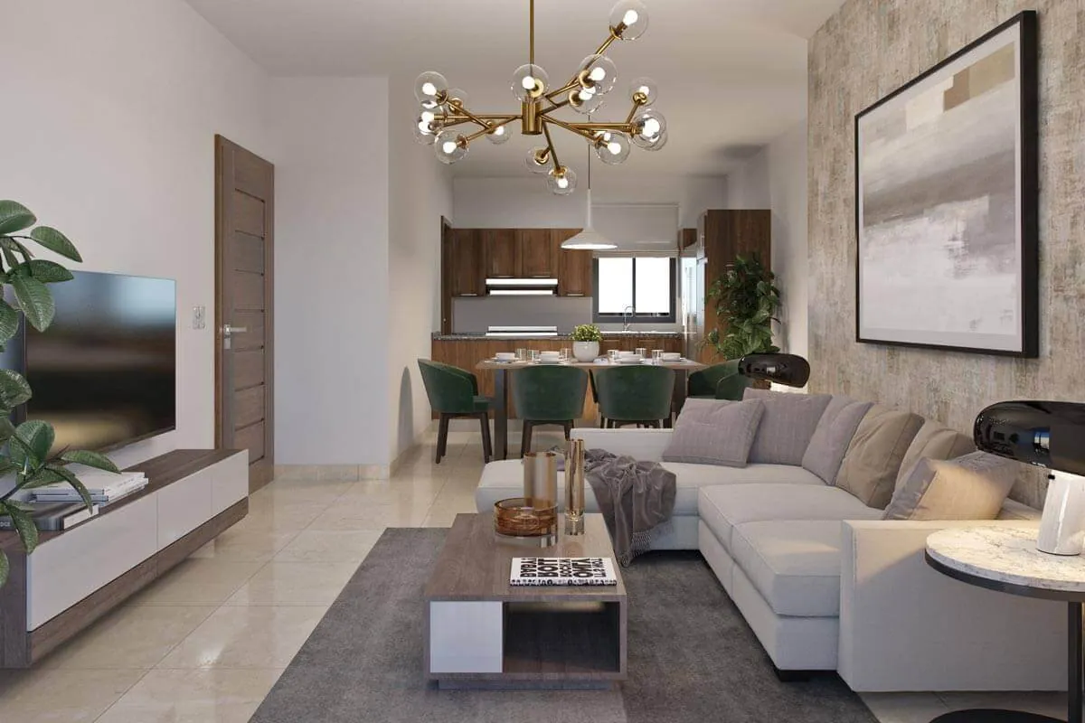 Living room and kitchen of a Brisas de las Colinas 4 apartment