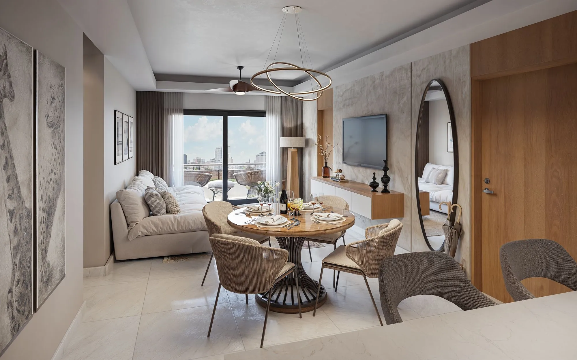 Living and dining room of Brisas de las Colinas 6 Type A with a large window facing the city