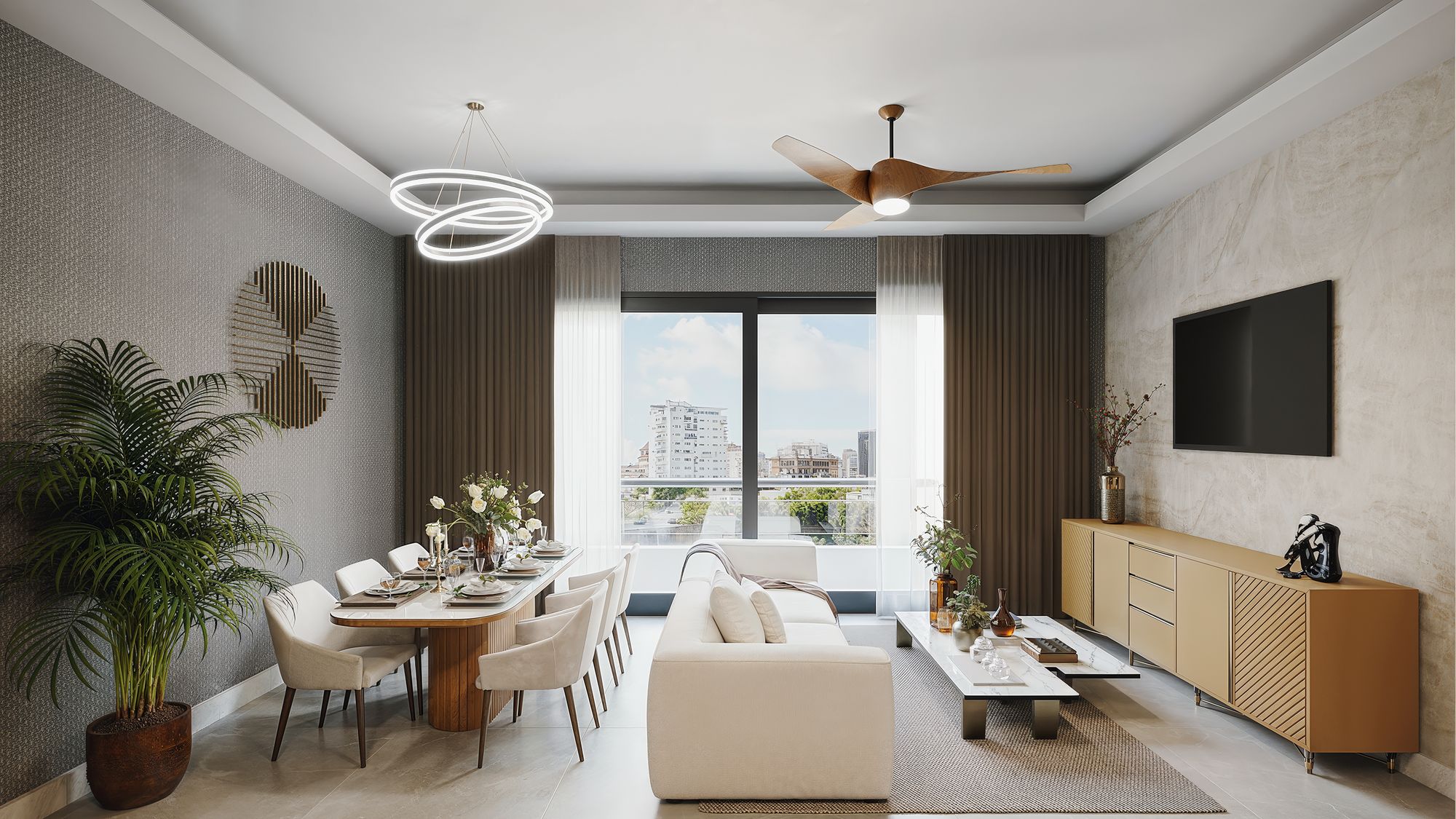 Living and dining room of Type B with a large window, ceiling fan and wooden furniture