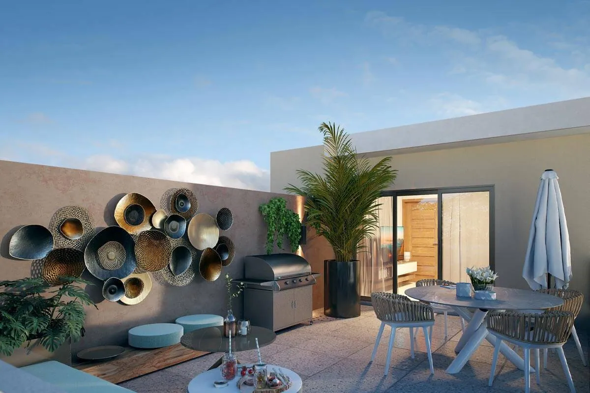 Rooftop terrace with dining area, grill and plants