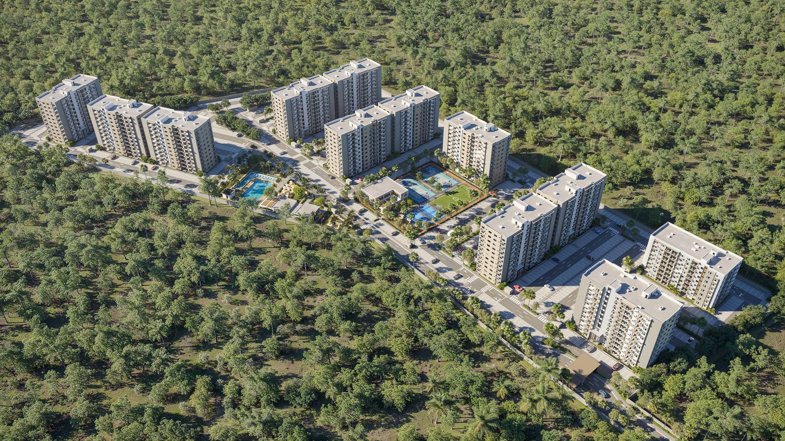 Aerial view of the Brisas de las Colinas 6 community with its towers among green areas