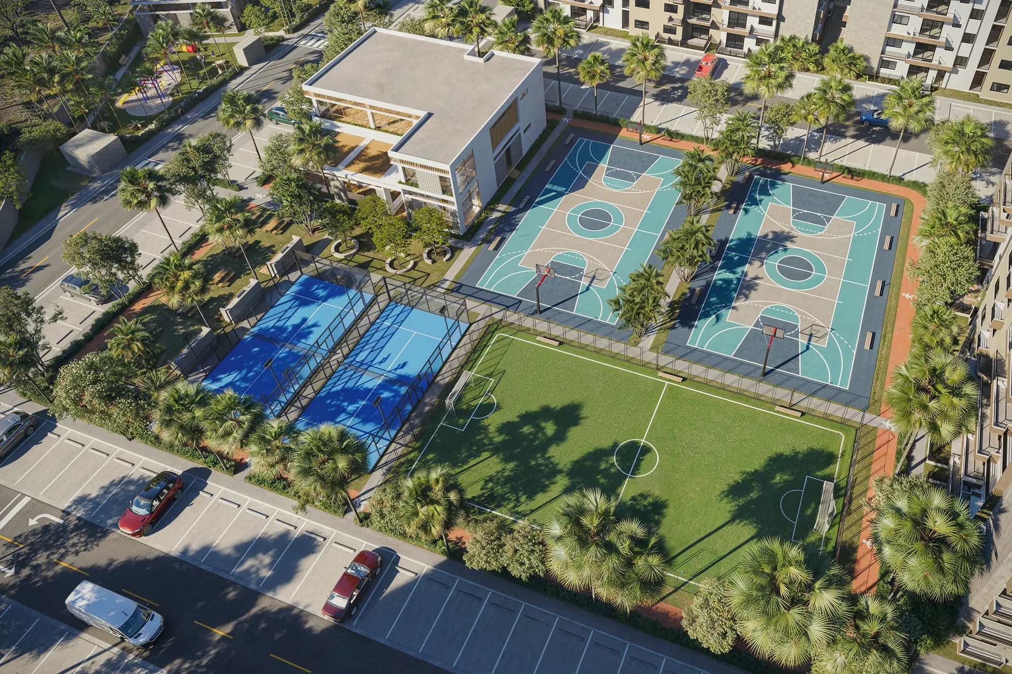 Aerial view of the padel, basketball and soccer courts next to the Brisas 6 clubhouse