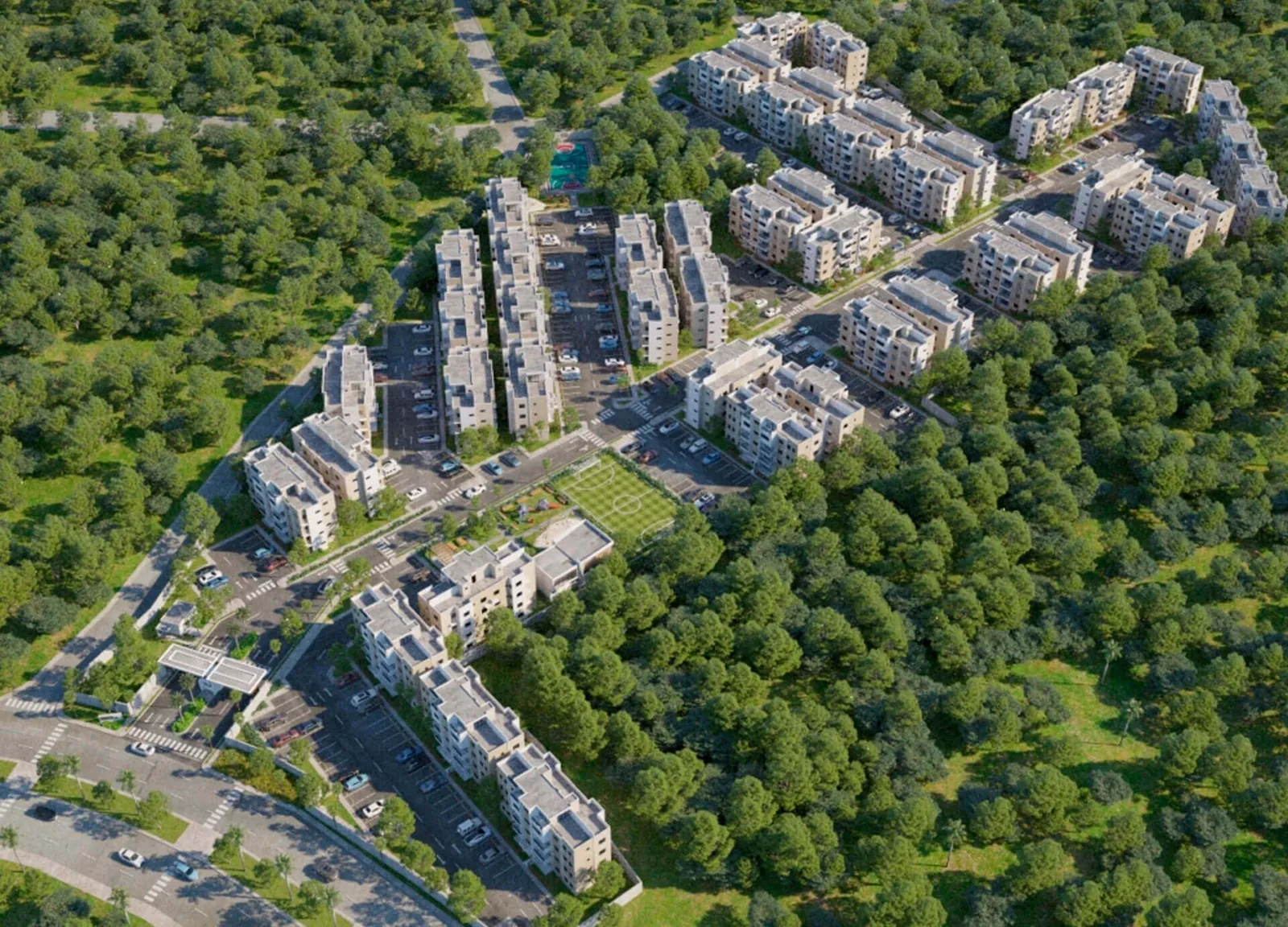 Aerial view of the Brisas de las Colinas 5 community among green areas